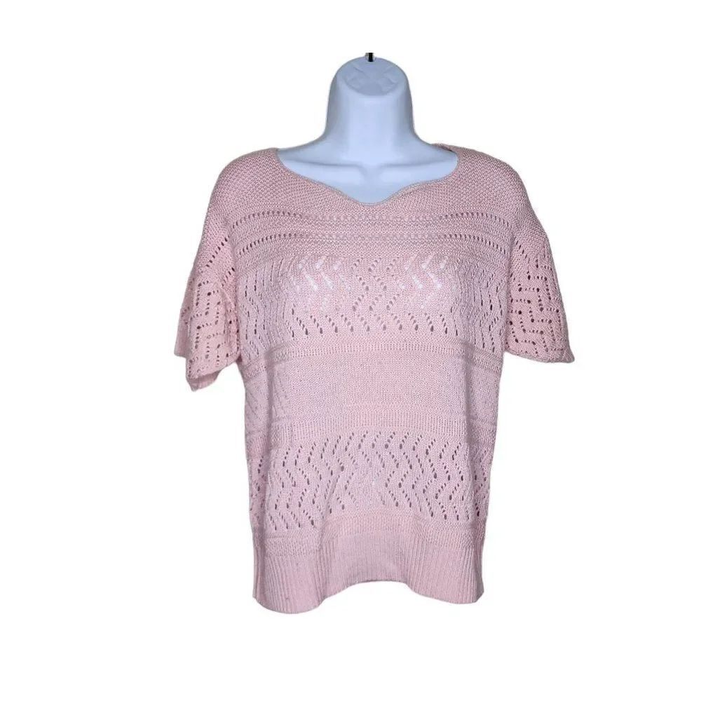 Vintage 80s Short Sleeve Knit Womens Sweater Size M Pink Pastel Romantic Academi